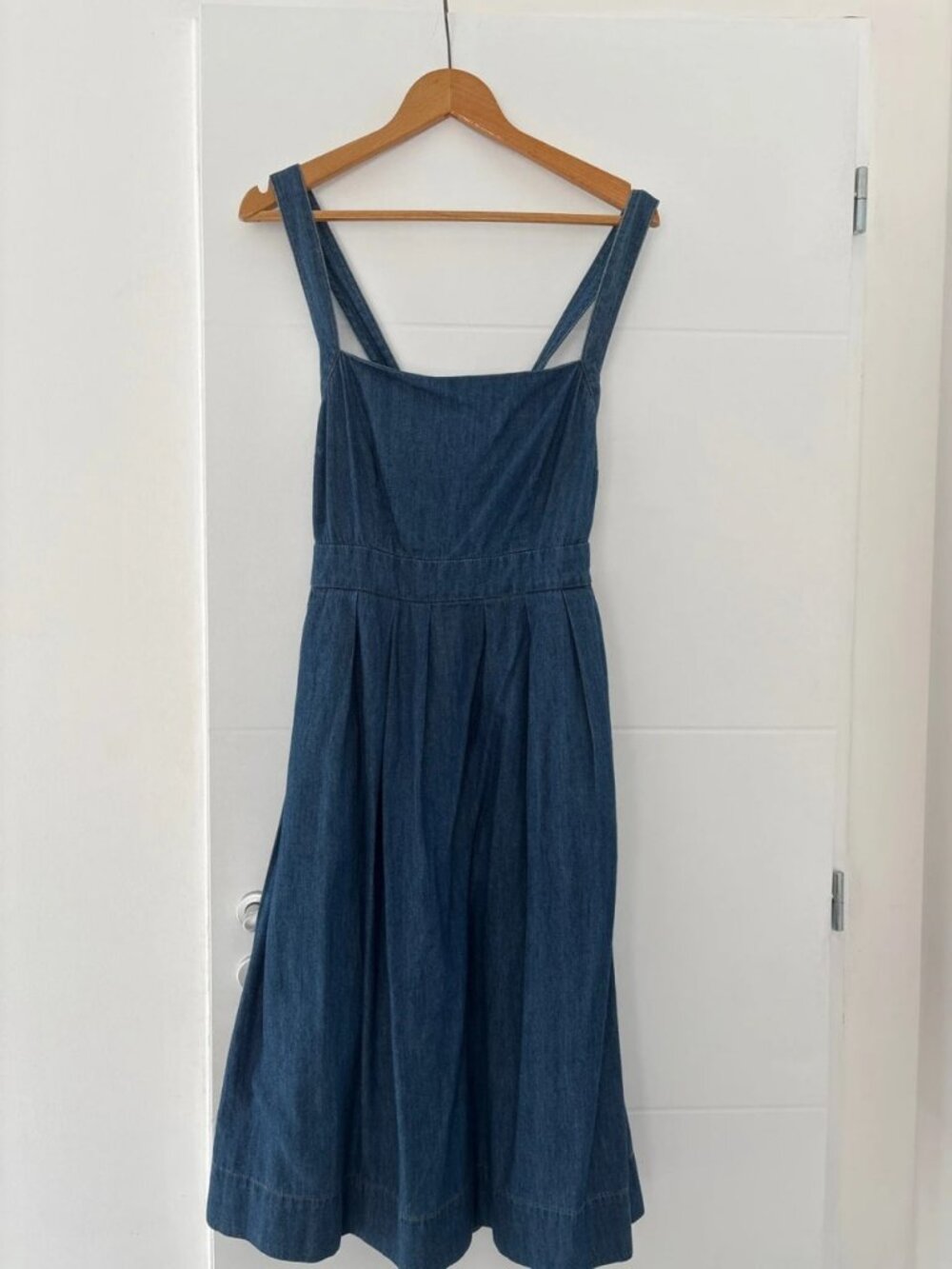 Blue Denim Midi Dress with Crossover Back Straps, Size S